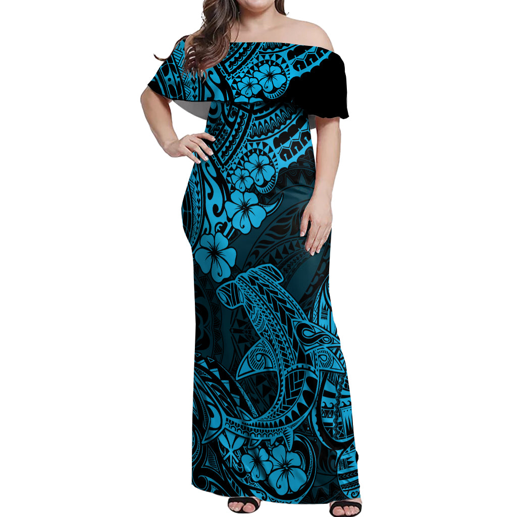 Hawaii Shark Off Shoulder Maxi Dress Polynesian Pattern Sky Blue Version - Wonder Print Shop