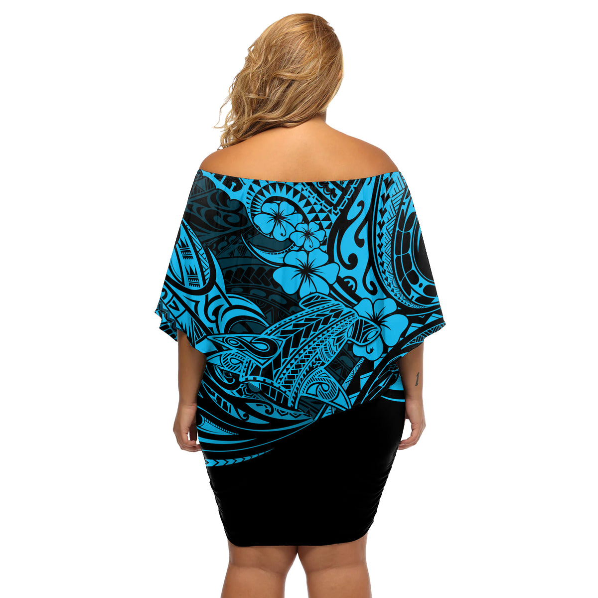 Hawaii Shark Off Shoulder Short Dress Polynesian Pattern Sky Blue Version - Wonder Print Shop