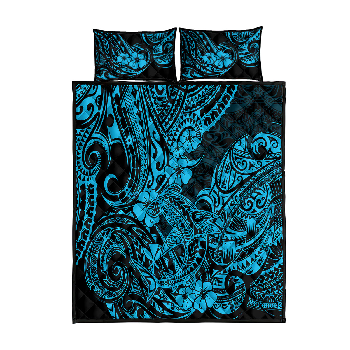 Hawaii Shark Quilt Bed Set Polynesian Pattern Sky Blue Version - Wonder Print Shop