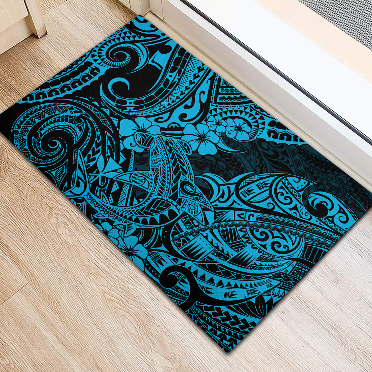 Hawaii Shark Rubber Doormat Polynesian Pattern Sky Blue Version - Wonder Print Shop