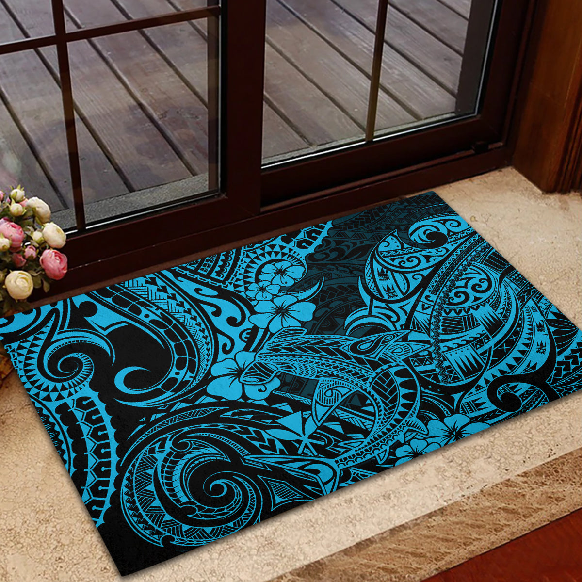 Hawaii Shark Rubber Doormat Polynesian Pattern Sky Blue Version - Wonder Print Shop