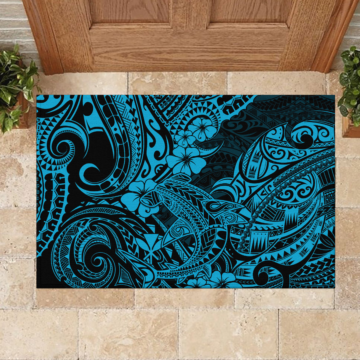 Hawaii Shark Rubber Doormat Polynesian Pattern Sky Blue Version - Wonder Print Shop