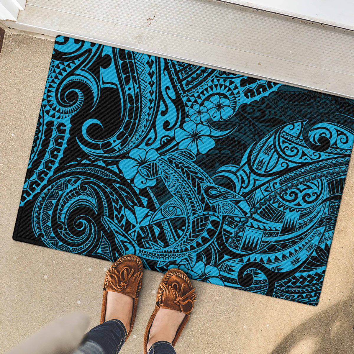 Hawaii Shark Rubber Doormat Polynesian Pattern Sky Blue Version - Wonder Print Shop