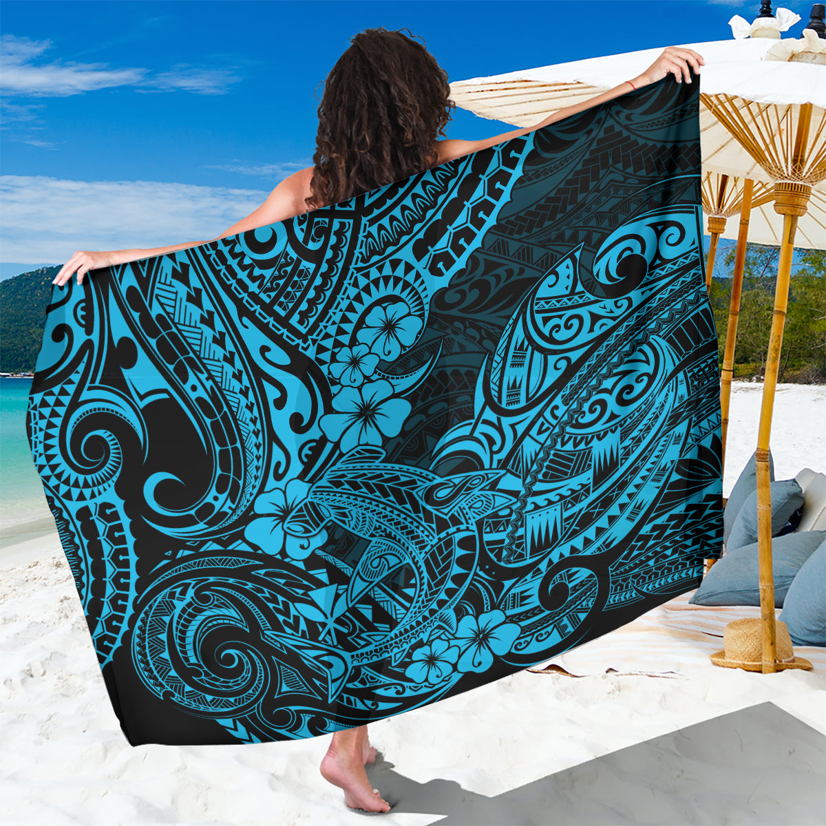 Hawaii Shark Sarong Polynesian Pattern Sky Blue Version - Wonder Print Shop