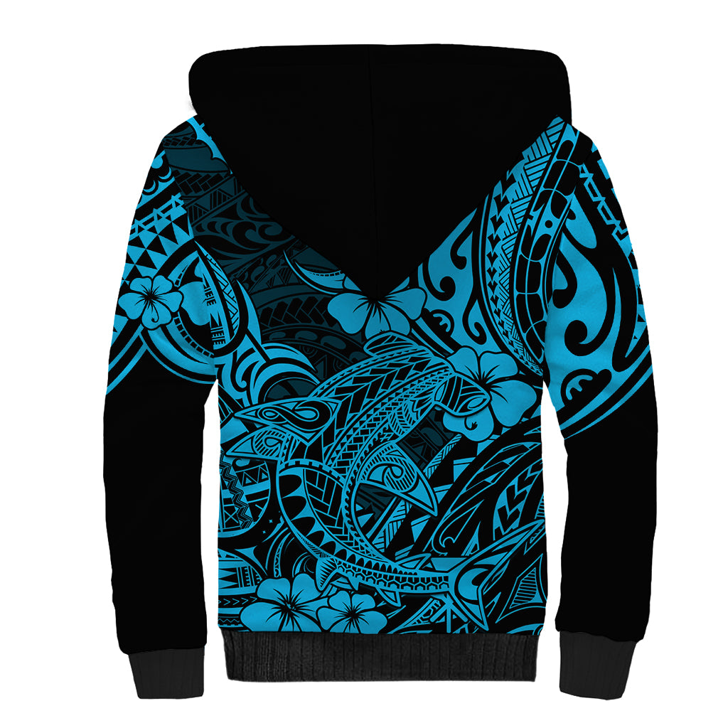 Hawaii Shark Sherpa Hoodie Polynesian Pattern Sky Blue Version - Wonder Print Shop