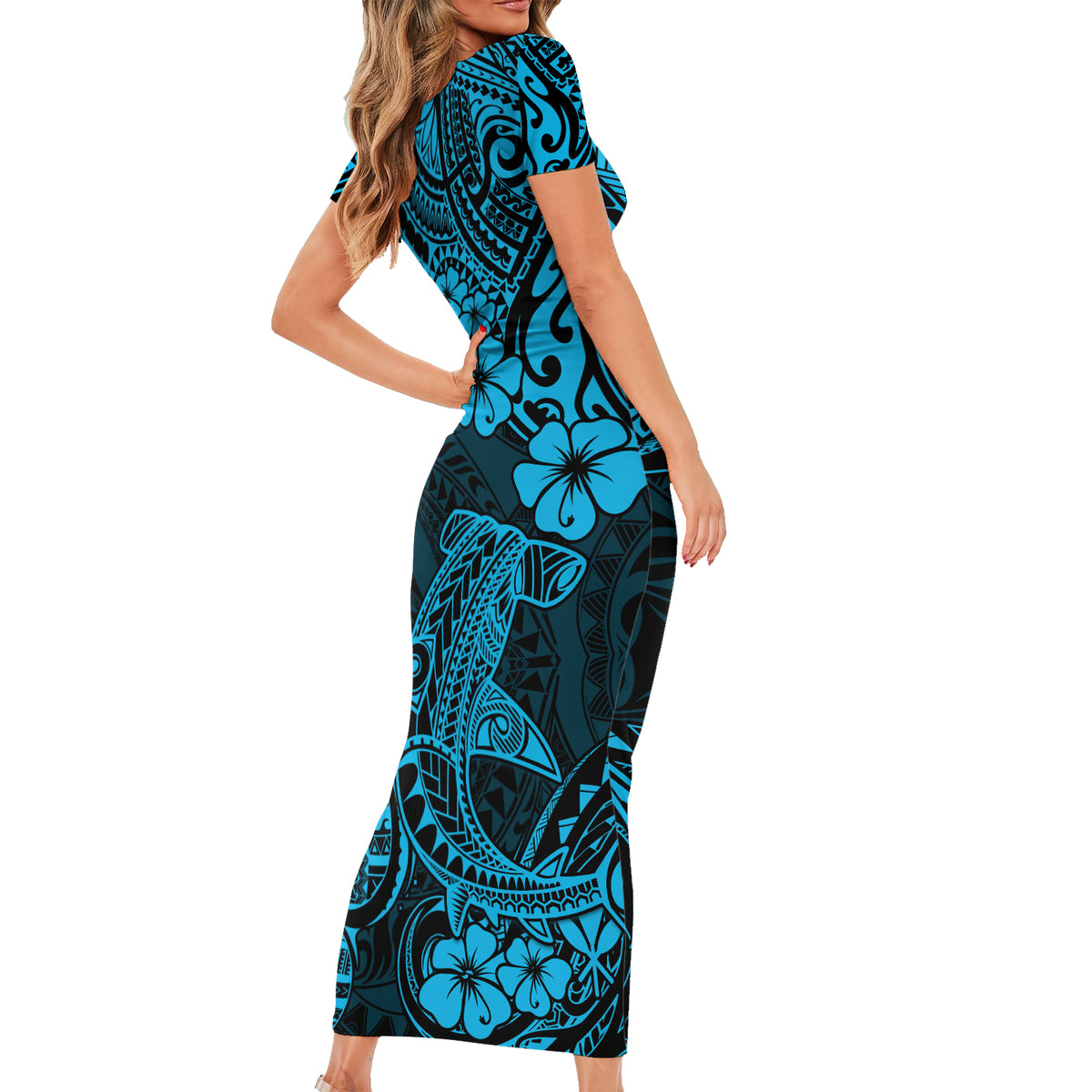 Hawaii Shark Short Sleeve Bodycon Dress Polynesian Pattern Sky Blue Version - Wonder Print Shop