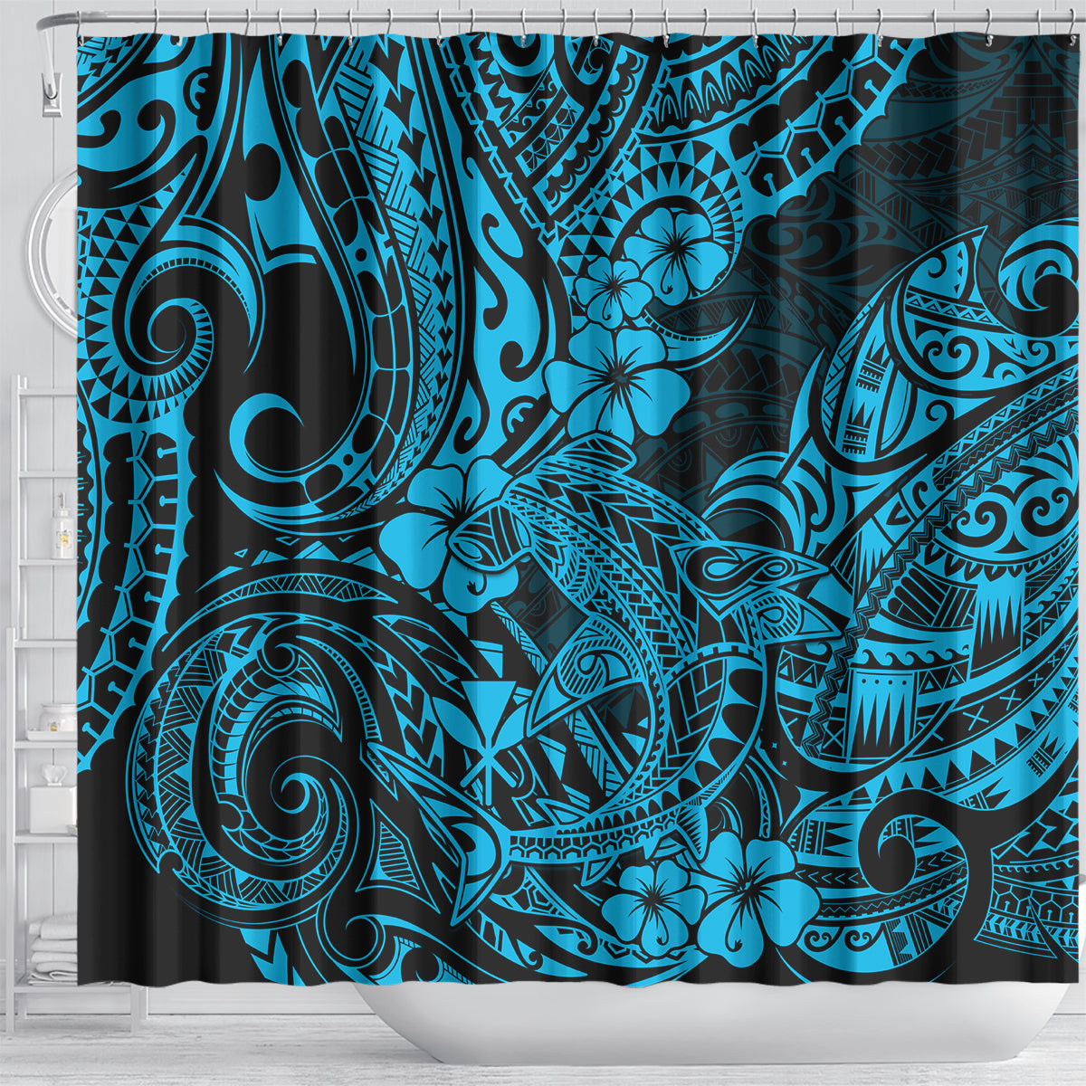 hawaii-shark-shower-curtain-polynesian-pattern-sky-blue-version