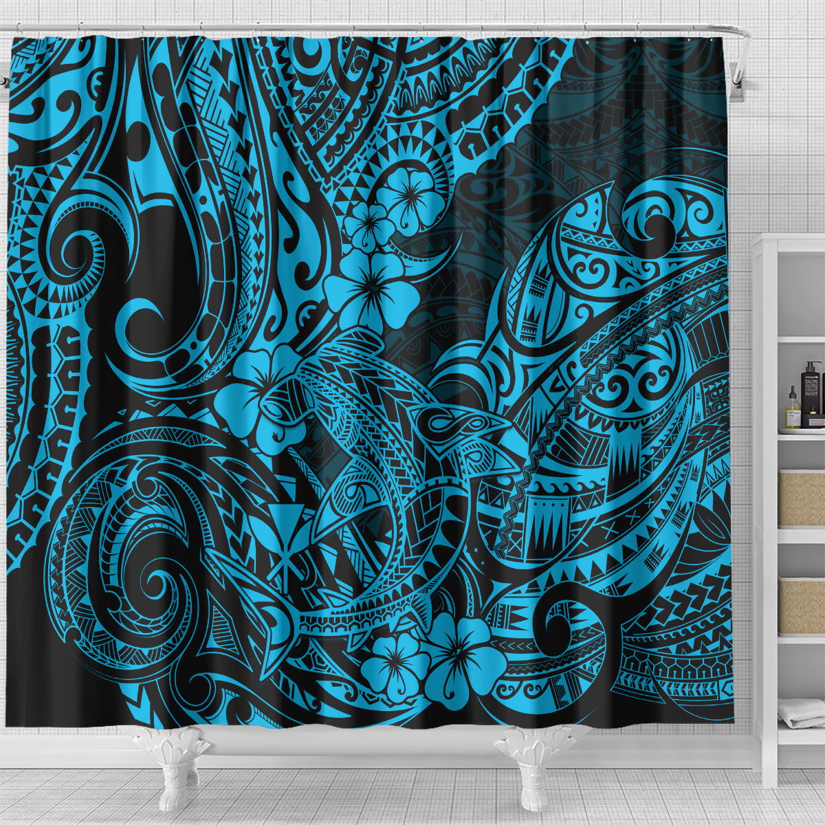 hawaii-shark-shower-curtain-polynesian-pattern-sky-blue-version