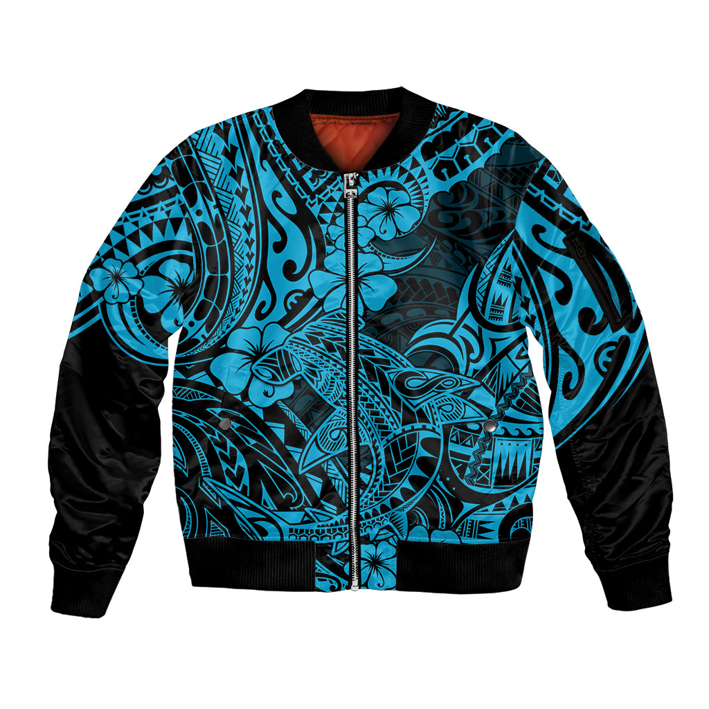 Hawaii Shark Sleeve Zip Bomber Jacket Polynesian Pattern Sky Blue Version - Wonder Print Shop