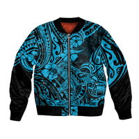 Hawaii Shark Sleeve Zip Bomber Jacket Polynesian Pattern Sky Blue Version - Wonder Print Shop