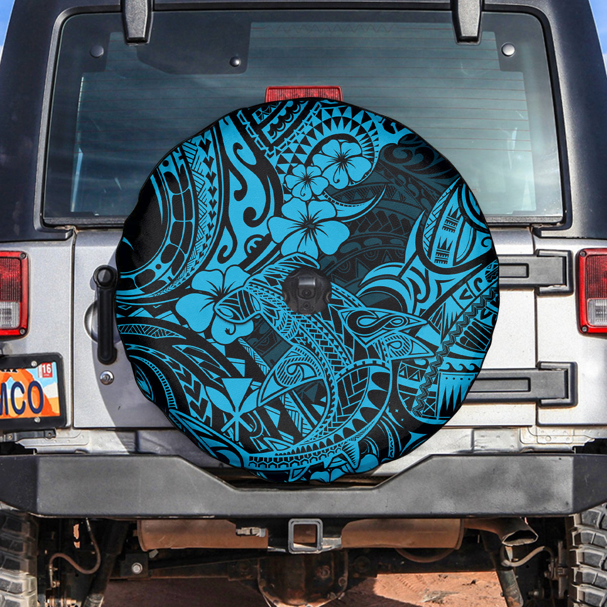 Hawaii Shark Spare Tire Cover Polynesian Pattern Sky Blue Version - Wonder Print Shop