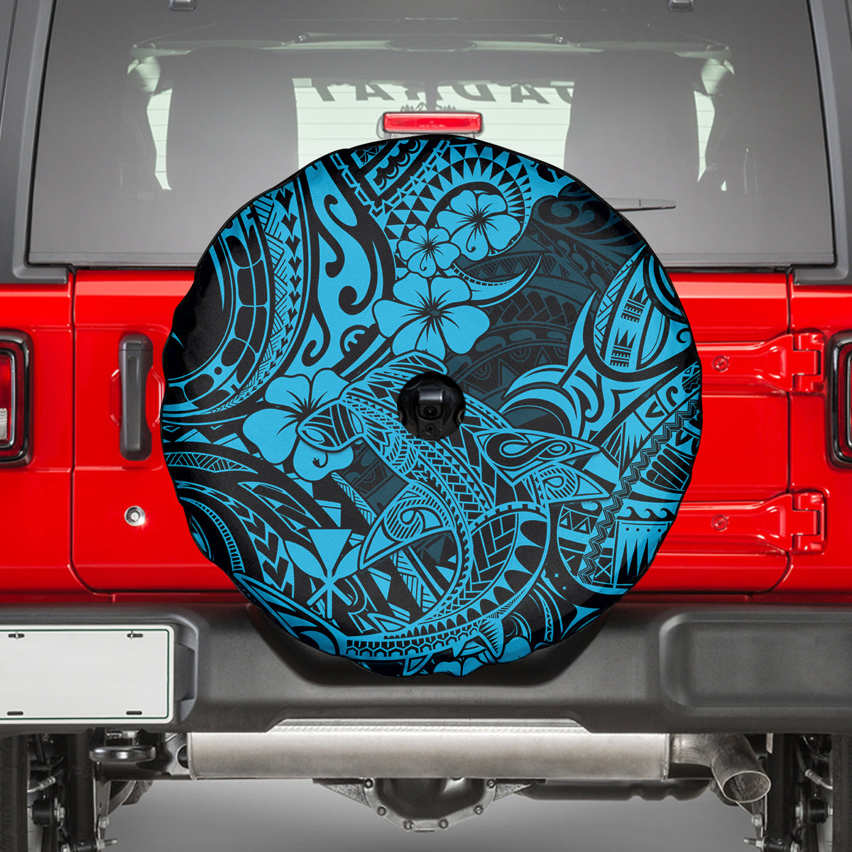 Hawaii Shark Spare Tire Cover Polynesian Pattern Sky Blue Version - Wonder Print Shop