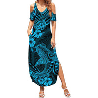 Hawaii Shark Summer Maxi Dress Polynesian Pattern Sky Blue Version - Wonder Print Shop