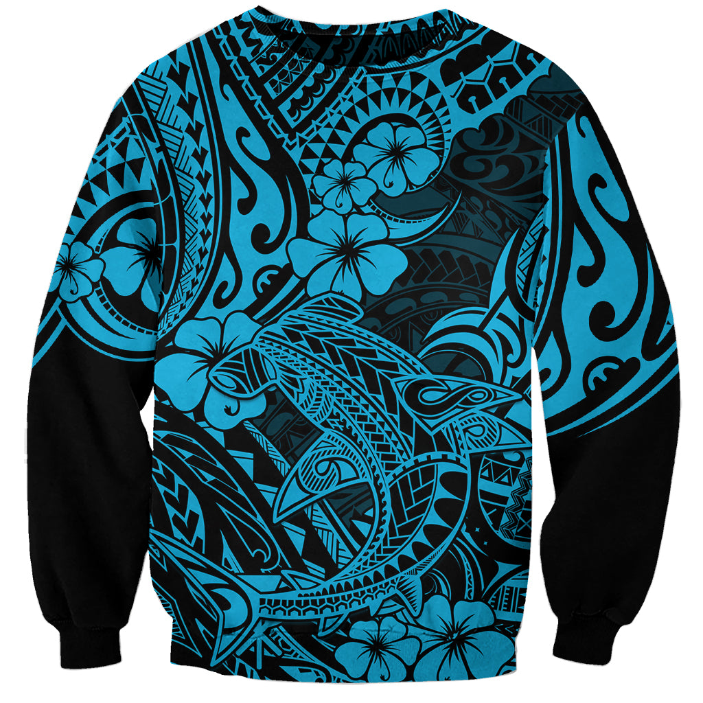 Hawaii Shark Sweatshirt Polynesian Pattern Sky Blue Version - Wonder Print Shop