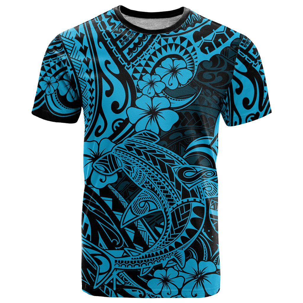 Hawaii Shark T Shirt Polynesian Pattern Sky Blue Version - Wonder Print Shop