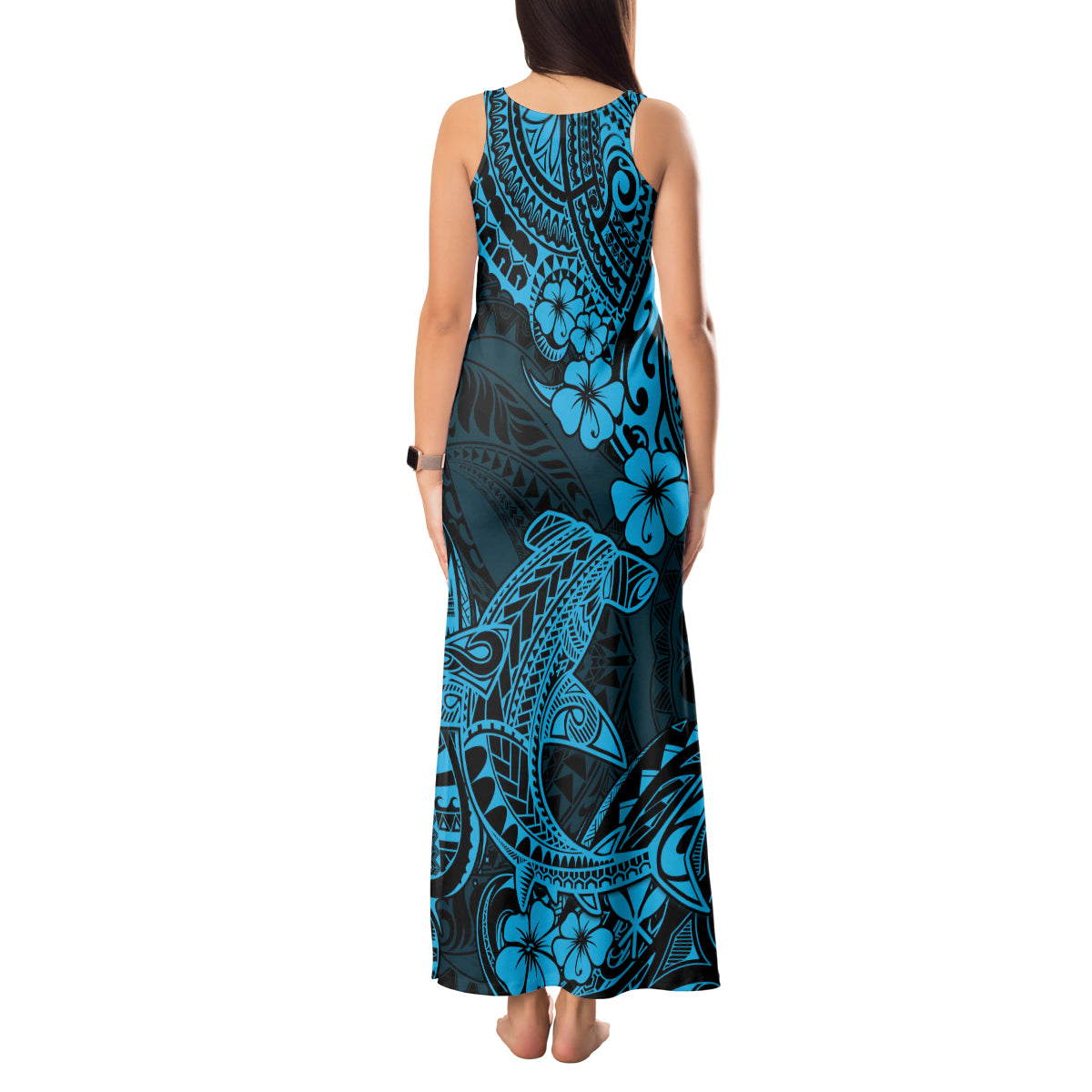 Hawaii Shark Tank Maxi Dress Polynesian Pattern Sky Blue Version - Wonder Print Shop