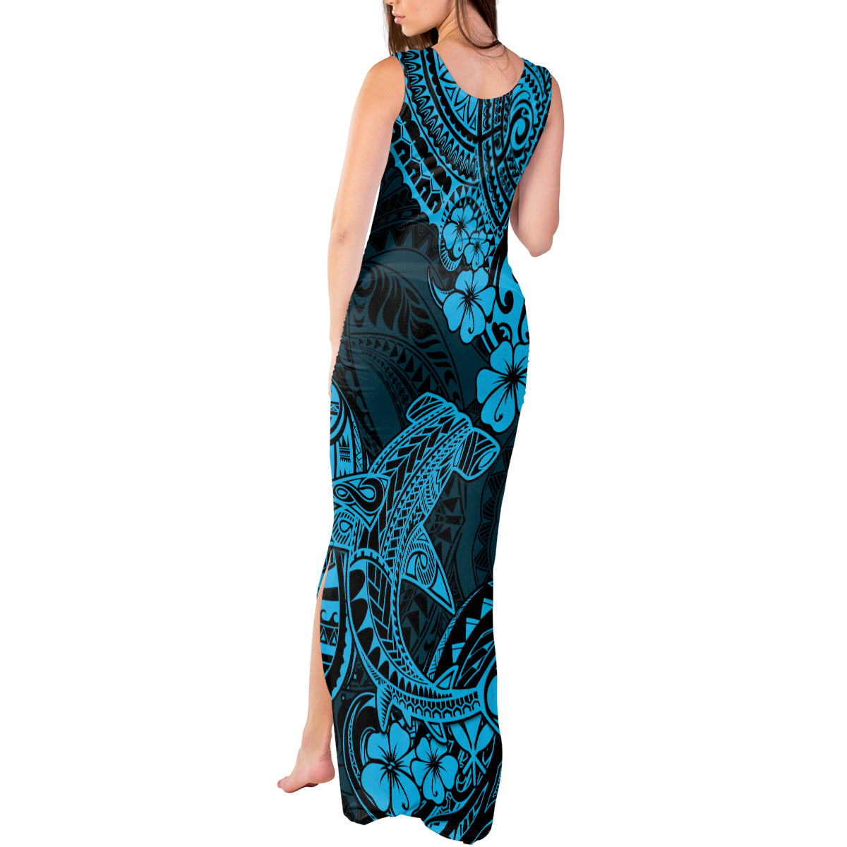 Hawaii Shark Tank Maxi Dress Polynesian Pattern Sky Blue Version - Wonder Print Shop