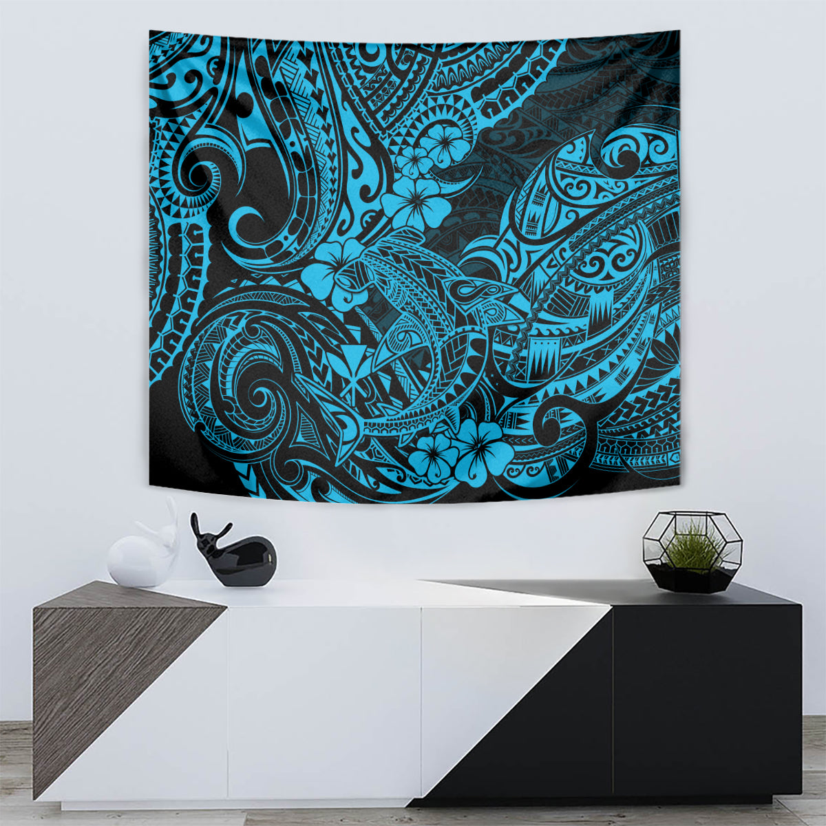 Hawaii Shark Tapestry Polynesian Pattern Sky Blue Version - Wonder Print Shop