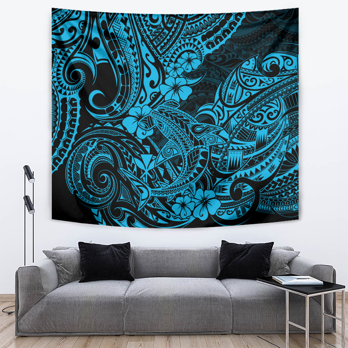 Hawaii Shark Tapestry Polynesian Pattern Sky Blue Version - Wonder Print Shop