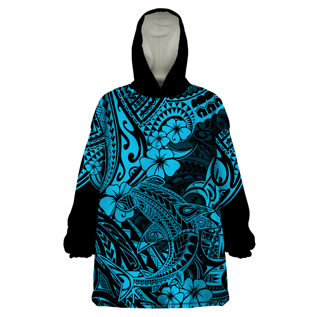 Hawaii Shark Wearable Blanket Hoodie Polynesian Pattern Sky Blue Version - Wonder Print Shop