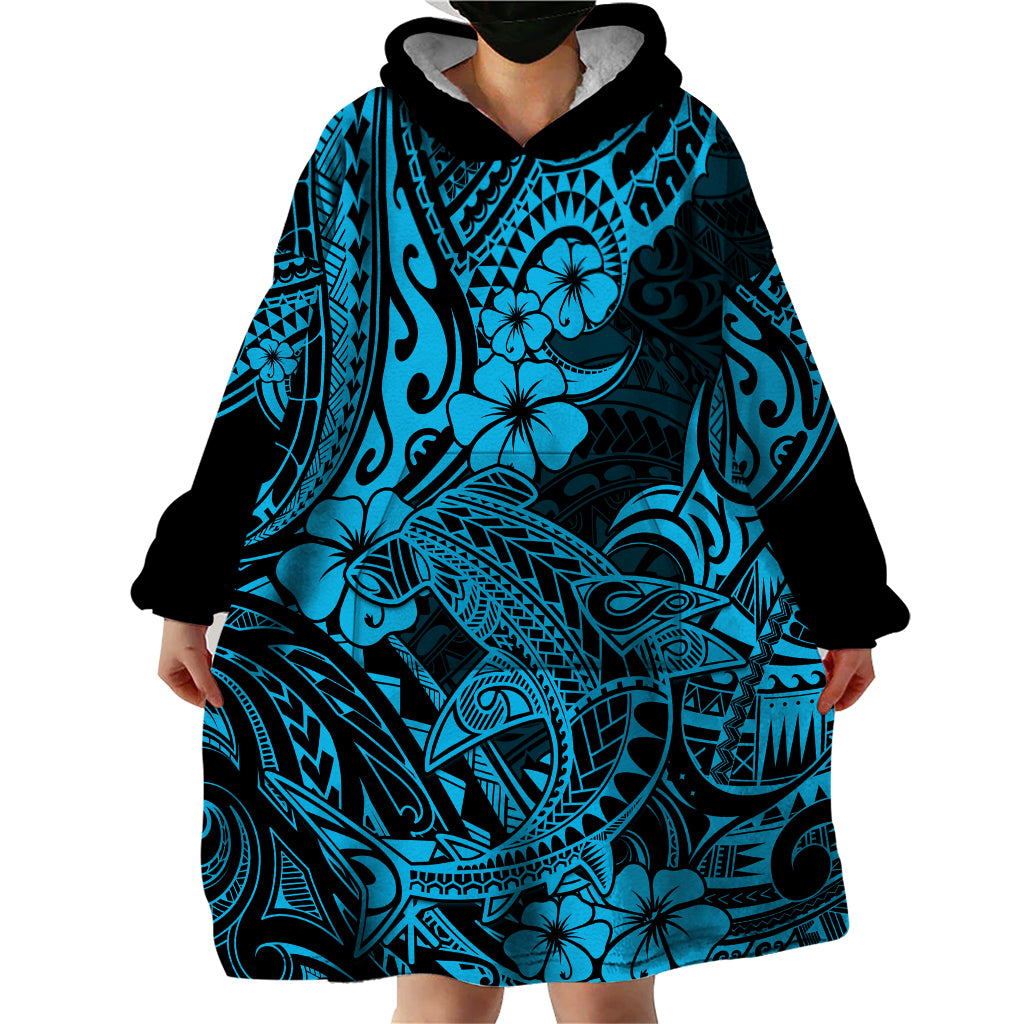 Hawaii Shark Wearable Blanket Hoodie Polynesian Pattern Sky Blue Version - Wonder Print Shop