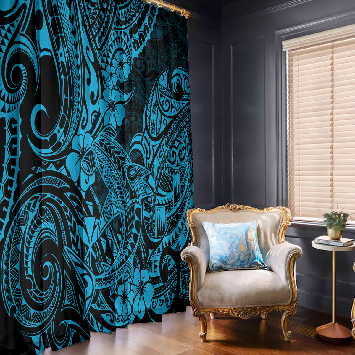 Hawaii Shark Window Curtain Polynesian Pattern Sky Blue Version - Wonder Print Shop