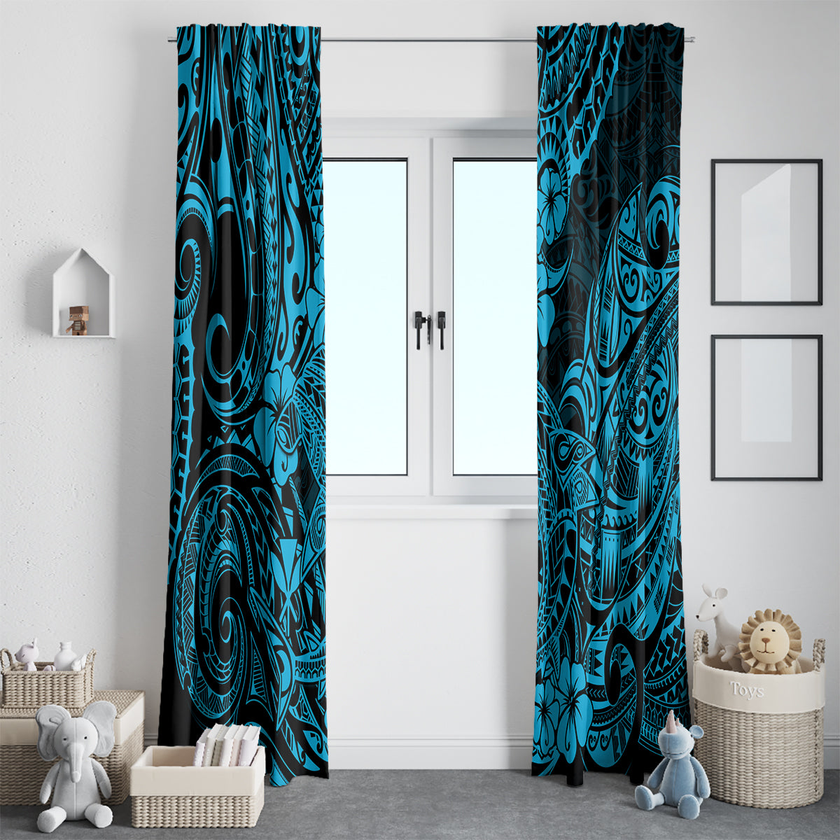 Hawaii Shark Window Curtain Polynesian Pattern Sky Blue Version - Wonder Print Shop