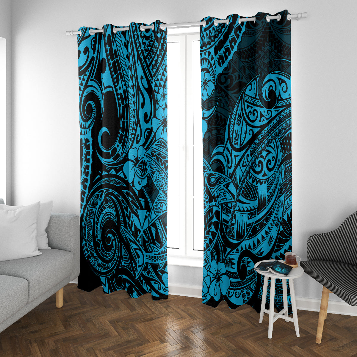 Hawaii Shark Window Curtain Polynesian Pattern Sky Blue Version - Wonder Print Shop