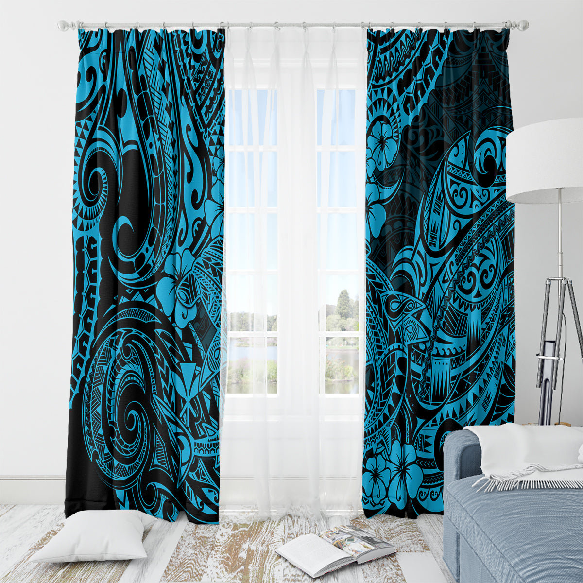 Hawaii Shark Window Curtain Polynesian Pattern Sky Blue Version - Wonder Print Shop