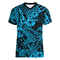 Hawaii Shark Women V Neck T Shirt Polynesian Pattern Sky Blue Version - Wonder Print Shop