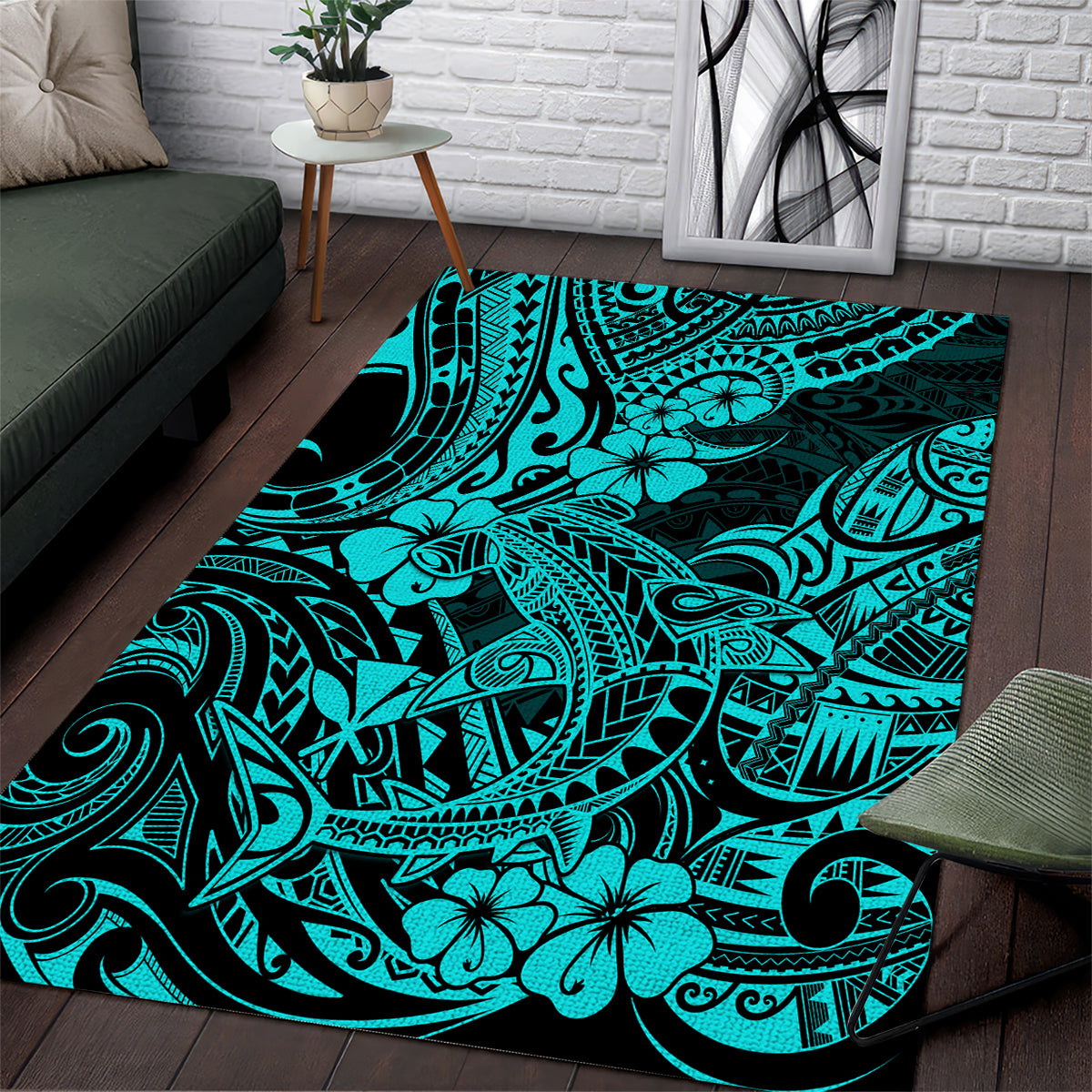Hawaii Shark Area Rug Polynesian Pattern Turquoise Version - Wonder Print Shop