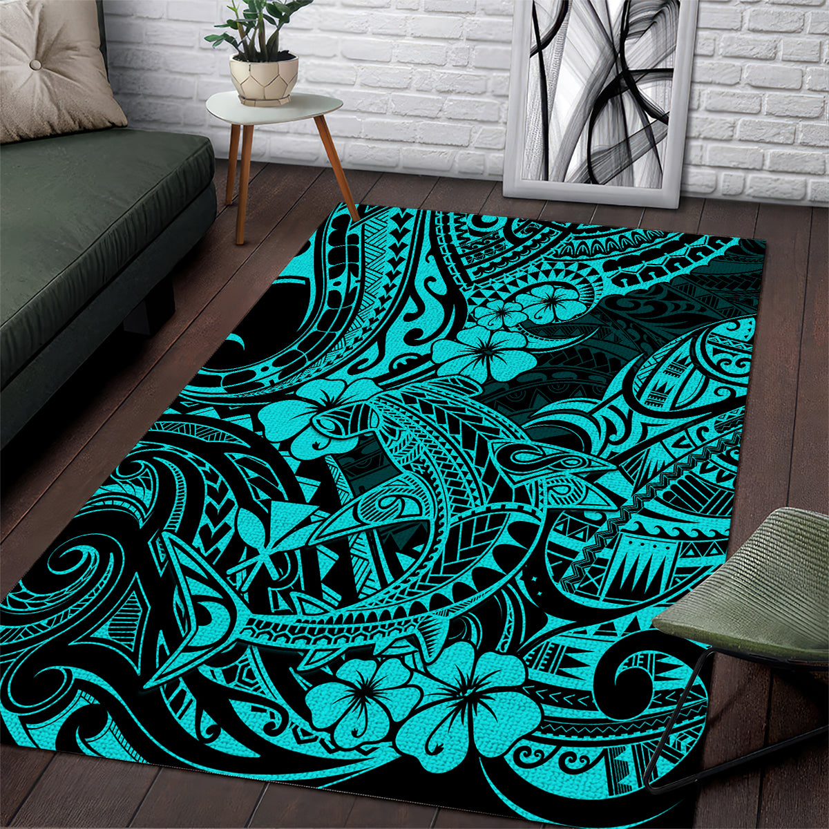 hawaii-shark-area-rug-polynesian-pattern-turquoise-version
