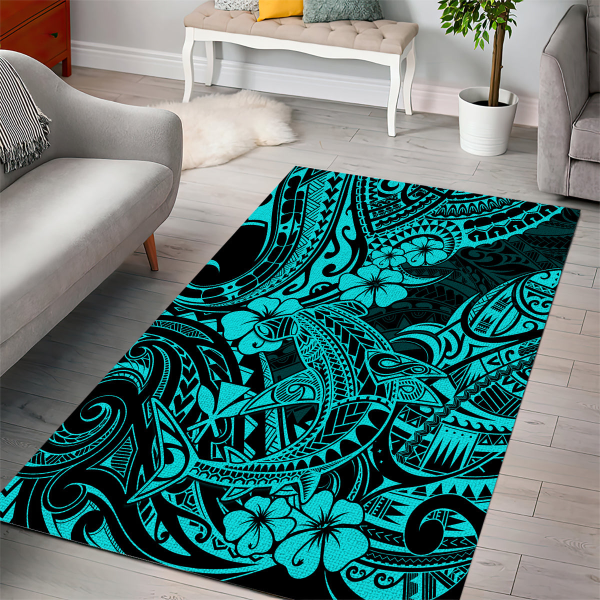 Hawaii Shark Area Rug Polynesian Pattern Turquoise Version - Wonder Print Shop