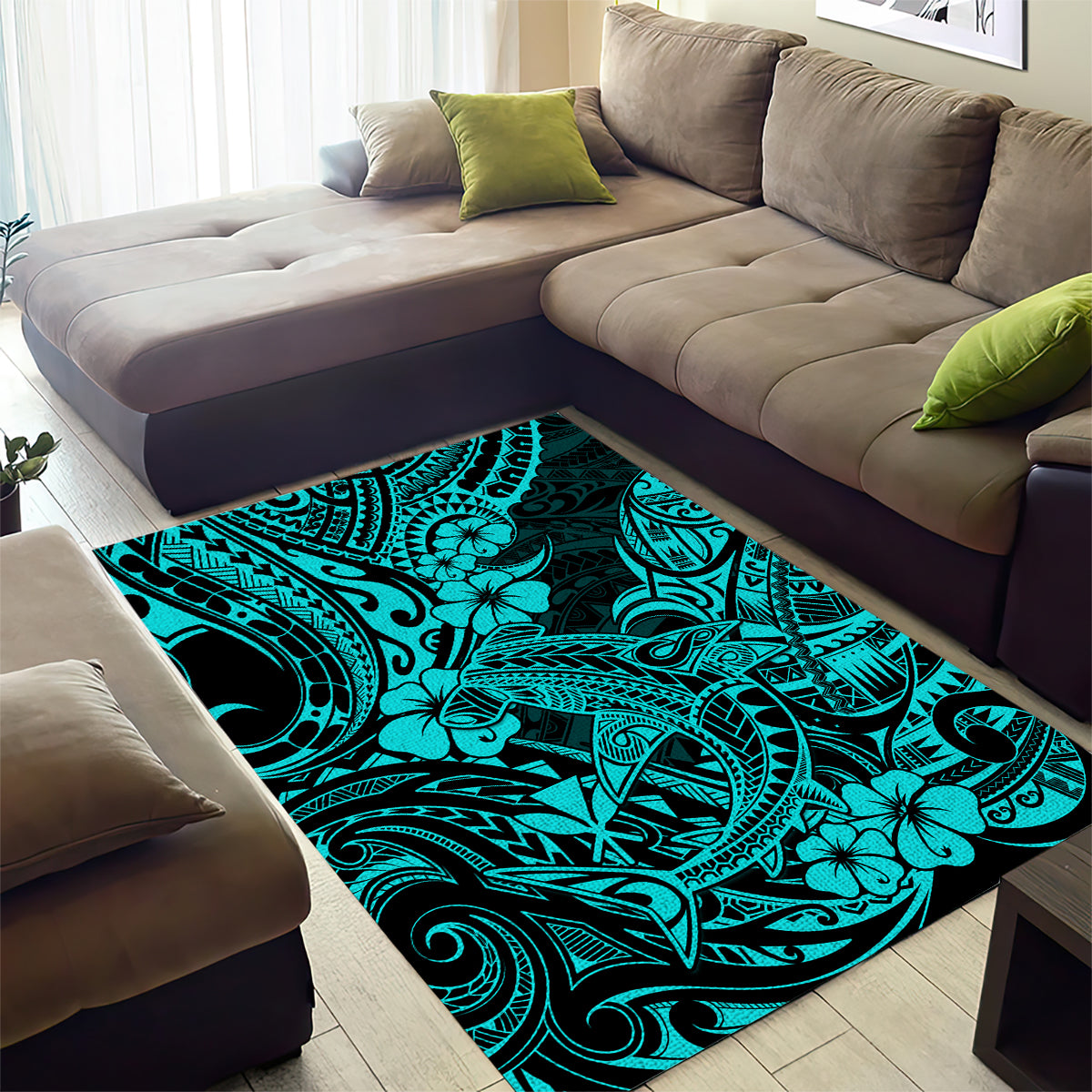 Hawaii Shark Area Rug Polynesian Pattern Turquoise Version - Wonder Print Shop