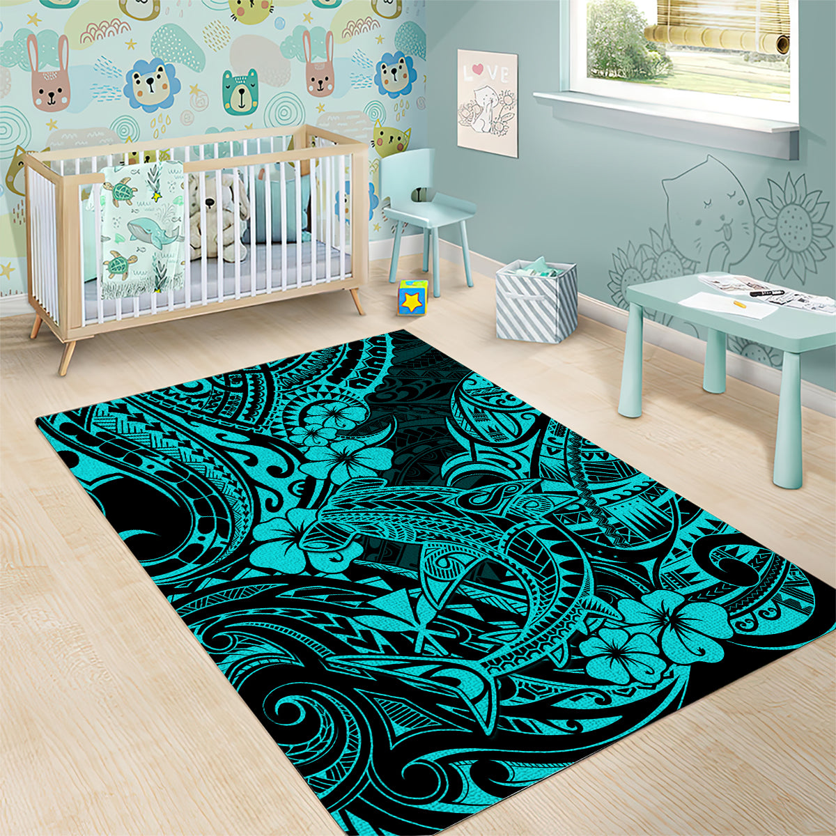 Hawaii Shark Area Rug Polynesian Pattern Turquoise Version - Wonder Print Shop