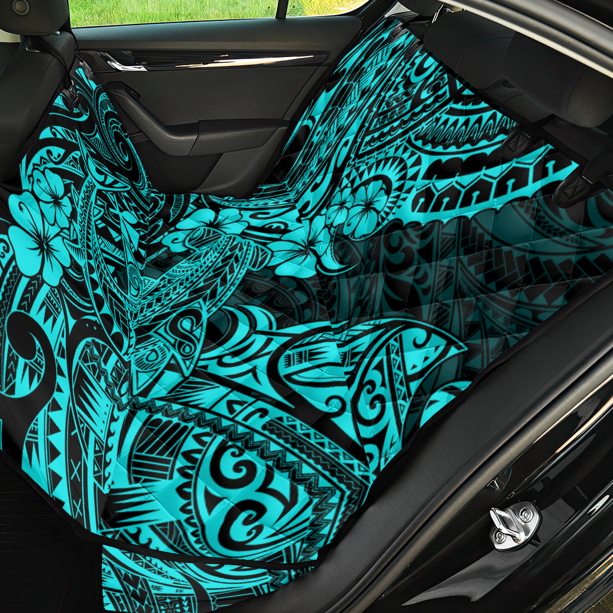 Hawaii Shark Back Car Seat Cover Polynesian Pattern Turquoise Version - Wonder Print Shop