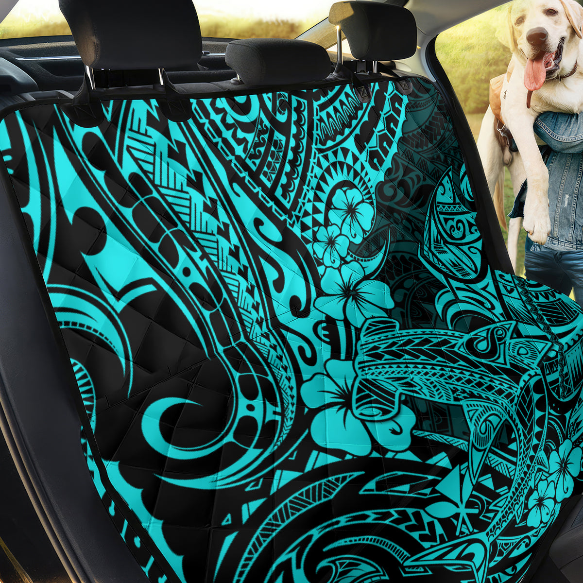 Hawaii Shark Back Car Seat Cover Polynesian Pattern Turquoise Version - Wonder Print Shop