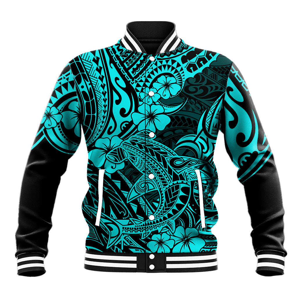 Hawaii Shark Baseball Jacket Polynesian Pattern Turquoise Version - Wonder Print Shop