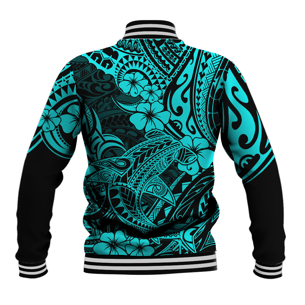 Hawaii Shark Baseball Jacket Polynesian Pattern Turquoise Version - Wonder Print Shop