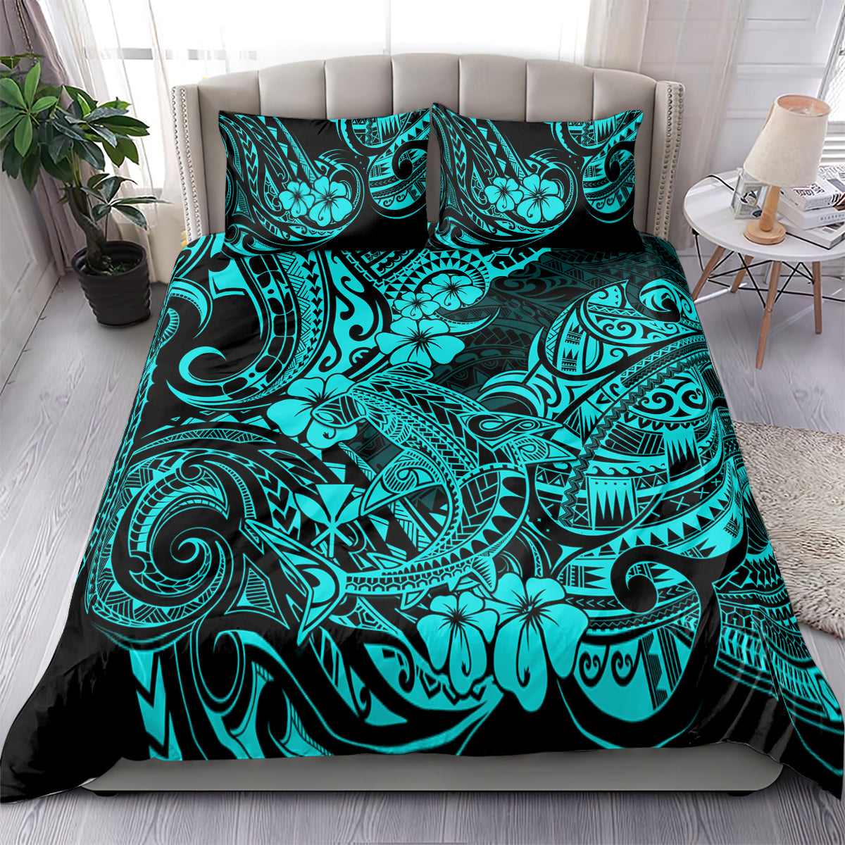 Hawaii Shark Bedding Set Polynesian Pattern Turquoise Version - Wonder Print Shop
