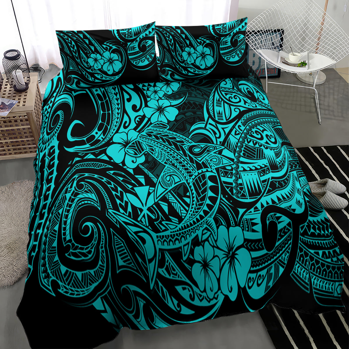 Hawaii Shark Bedding Set Polynesian Pattern Turquoise Version - Wonder Print Shop