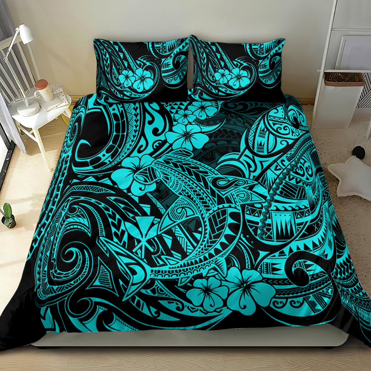 Hawaii Shark Bedding Set Polynesian Pattern Turquoise Version - Wonder Print Shop