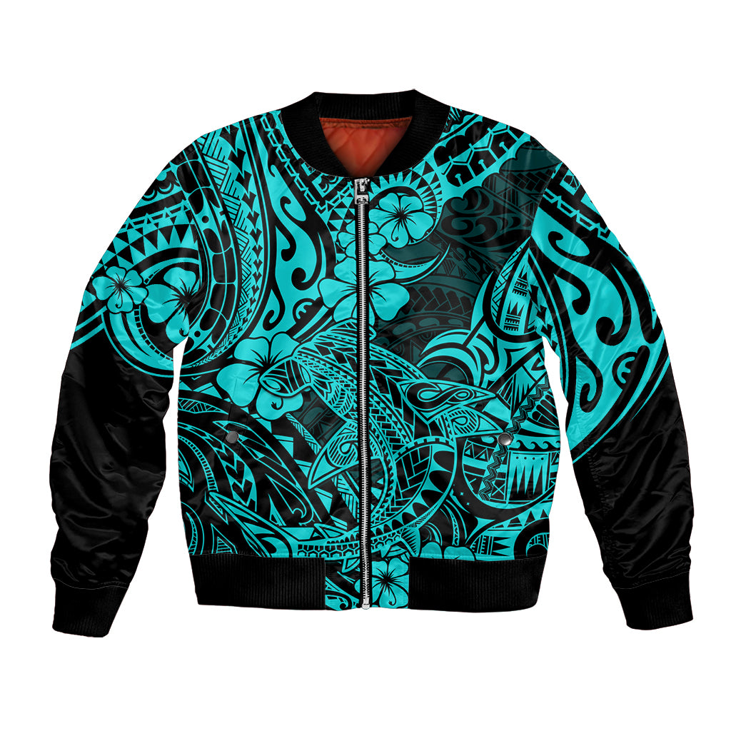 Hawaii Shark Bomber Jacket Polynesian Pattern Turquoise Version - Wonder Print Shop