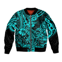 Hawaii Shark Bomber Jacket Polynesian Pattern Turquoise Version - Wonder Print Shop