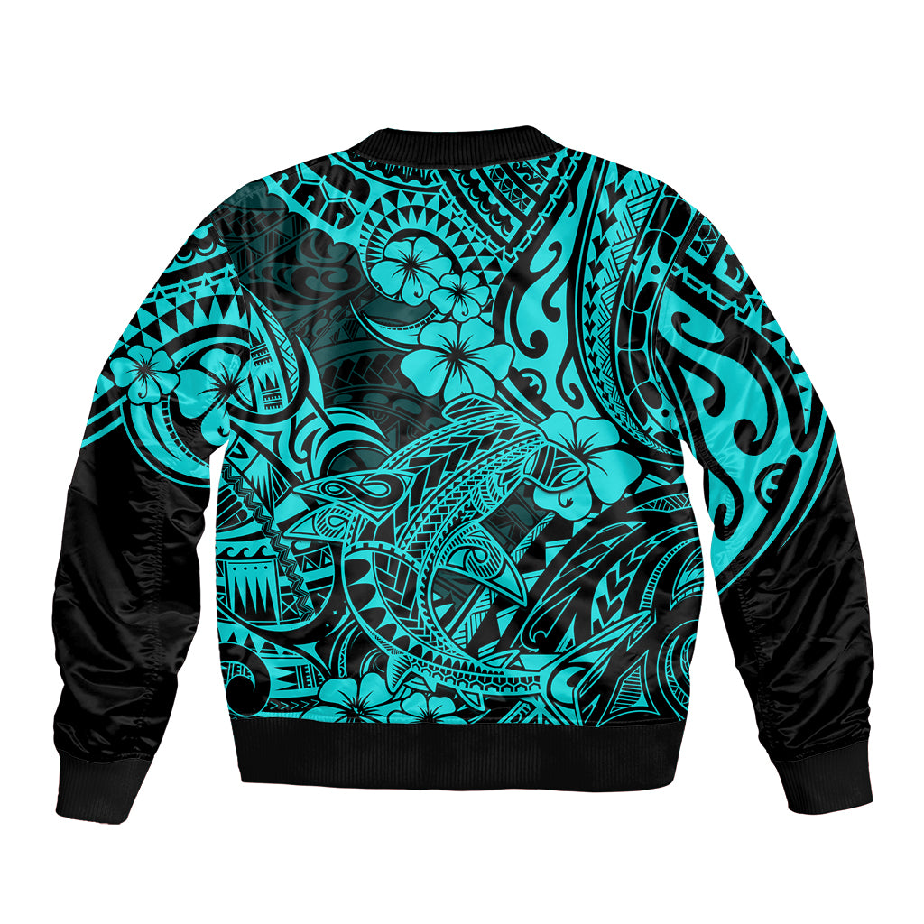 Hawaii Shark Bomber Jacket Polynesian Pattern Turquoise Version - Wonder Print Shop