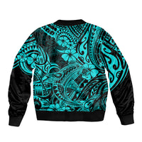 Hawaii Shark Bomber Jacket Polynesian Pattern Turquoise Version - Wonder Print Shop