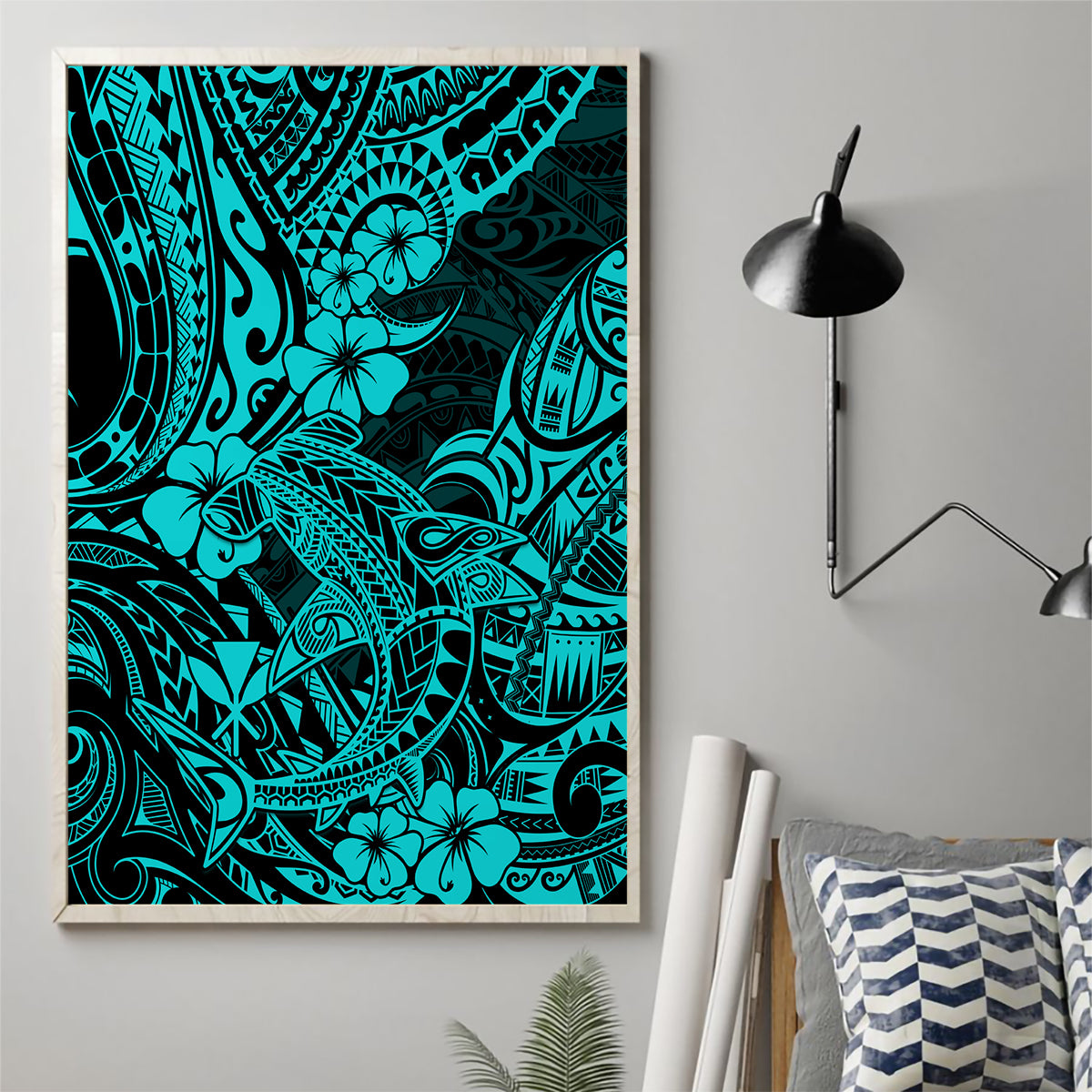 Hawaii Shark Canvas Wall Art Polynesian Pattern Turquoise Version - Wonder Print Shop