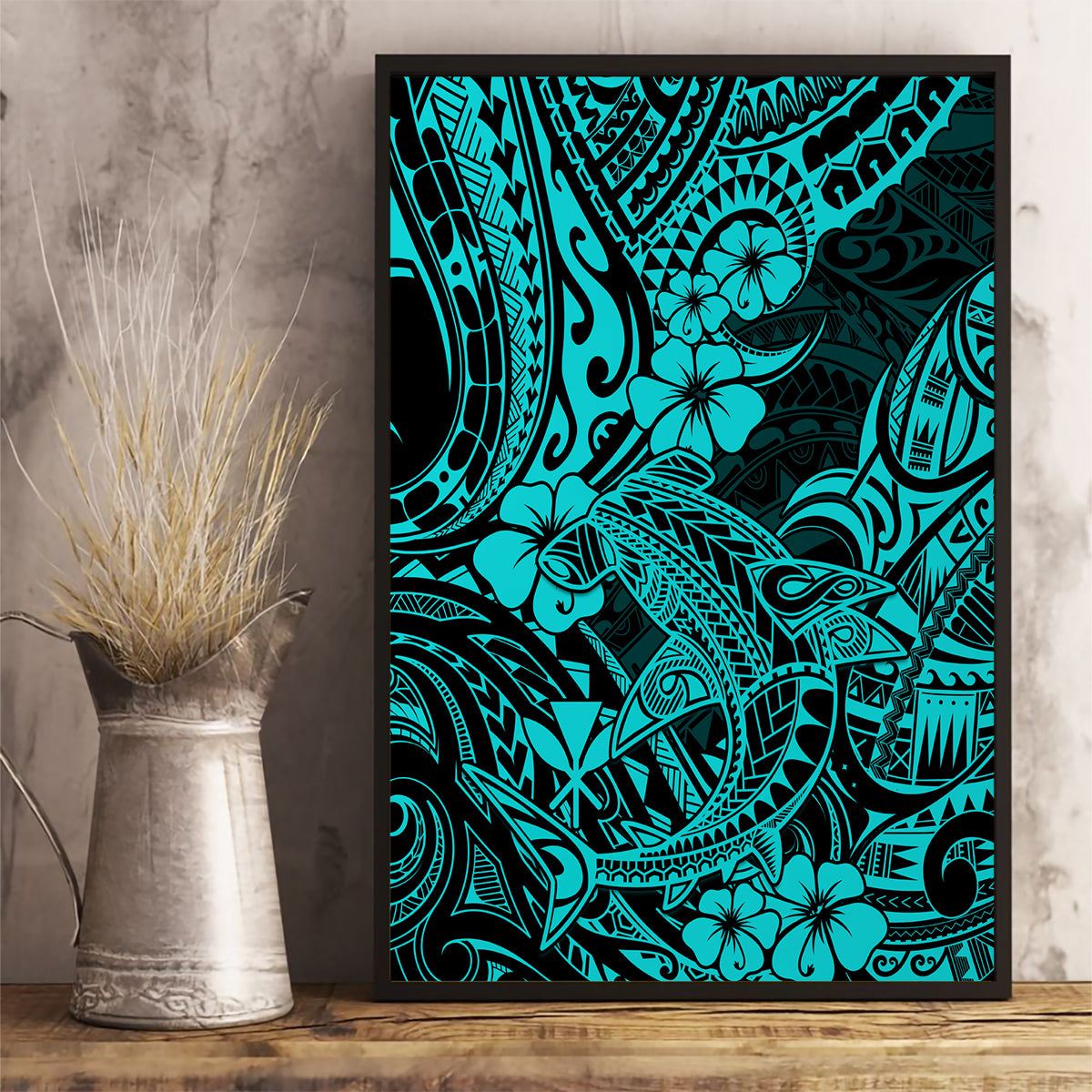 Hawaii Shark Canvas Wall Art Polynesian Pattern Turquoise Version - Wonder Print Shop