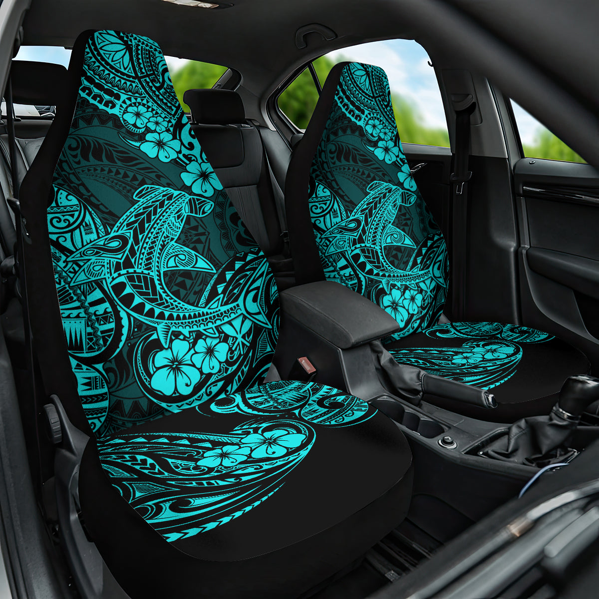 Hawaii Shark Car Seat Cover Polynesian Pattern Turquoise Version - Wonder Print Shop