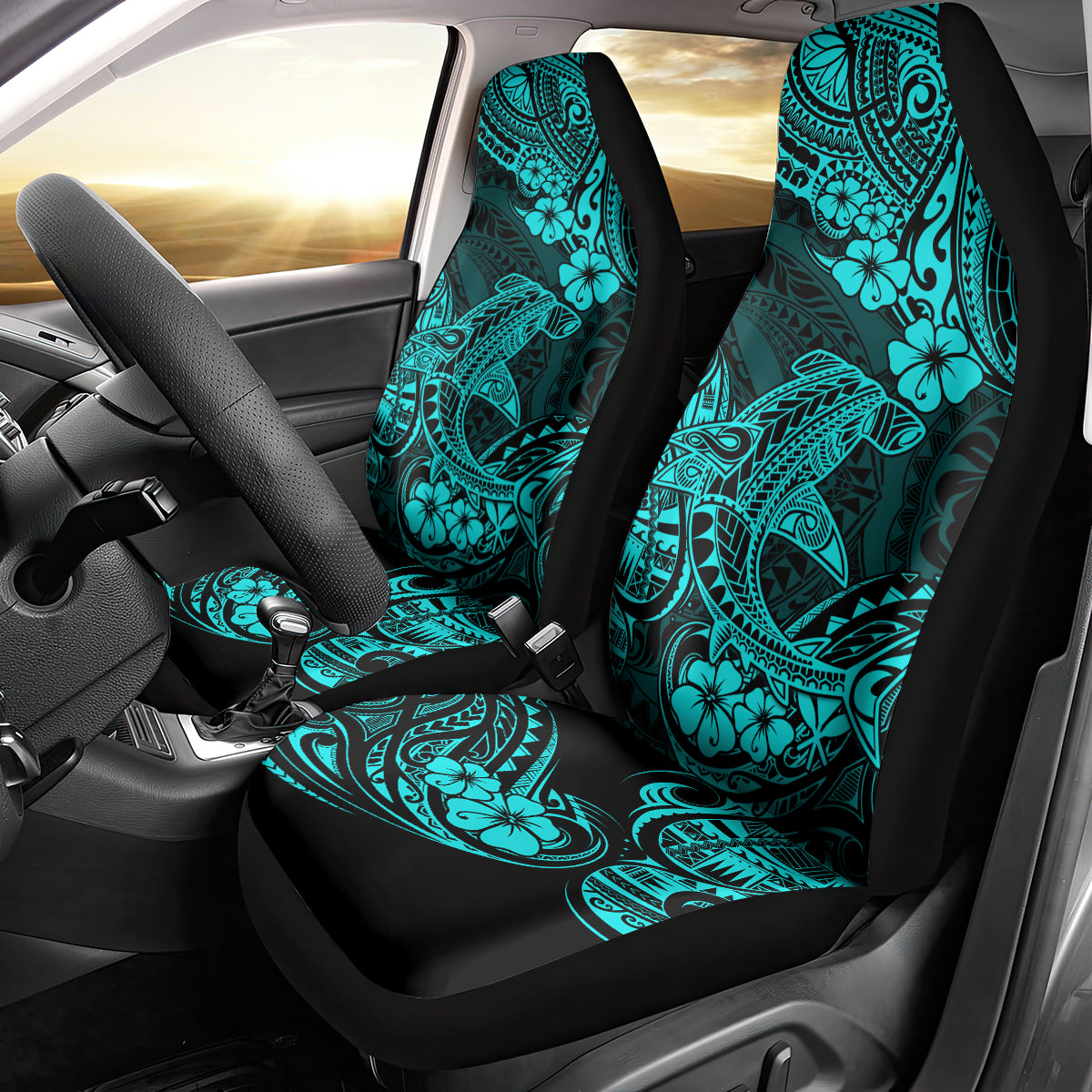 Hawaii Shark Car Seat Cover Polynesian Pattern Turquoise Version - Wonder Print Shop